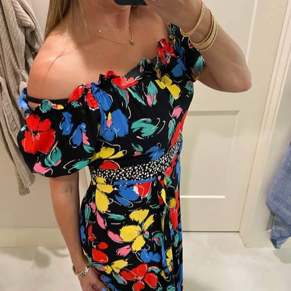 Rixo Target Floral Off Shoulder Puff Sleeve Dress Black Multicolor - Picture 5 of 10